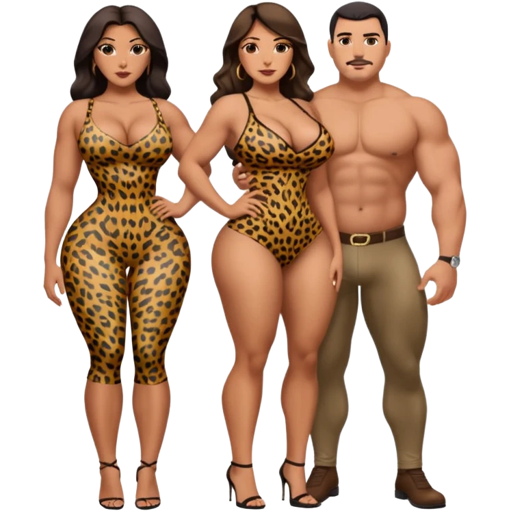 attractive full body latina with massive curves, breasts, and ass wearing a tight leopardskin dress with a full body man next to him with a large bulge in his pants in his crotch area emoji