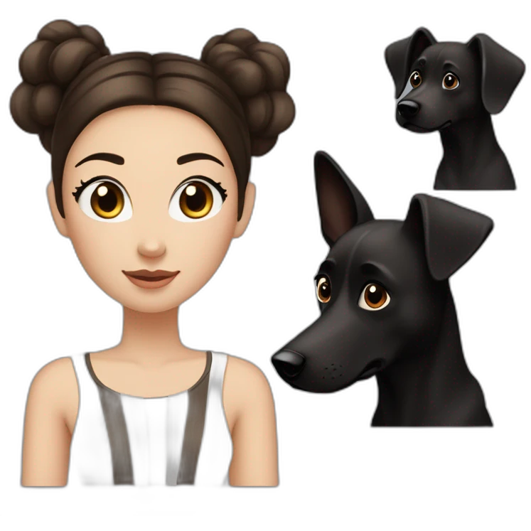 White women with long dark brown hair and long eyelashes dark brown eyes and thick dark brown eyebrows and black dog with a white stripe on the neck and ears raised up emoji