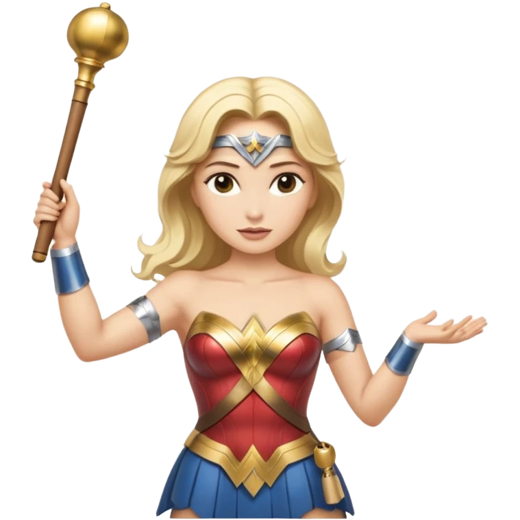 Blonde Wonder Woman holding short white orchestra conductor’s baton and bell emoji