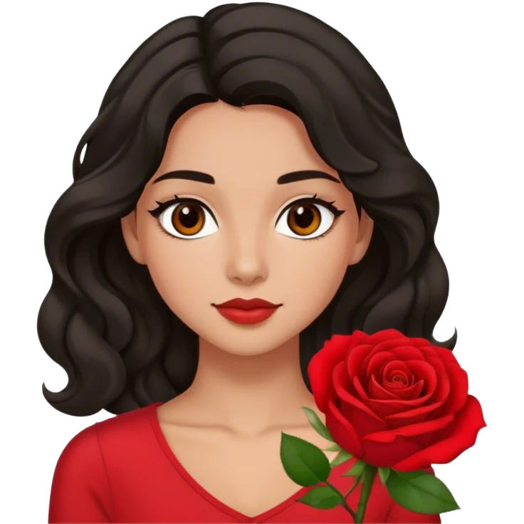 Olive Brown eyes black wavy middle part hair red rose backround red top  emoji