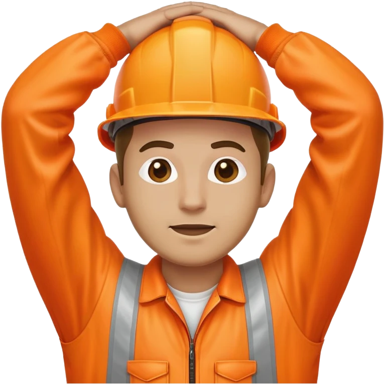 man standing, facing backwards, wearing orange hi visibility overalls, hands above head emoji