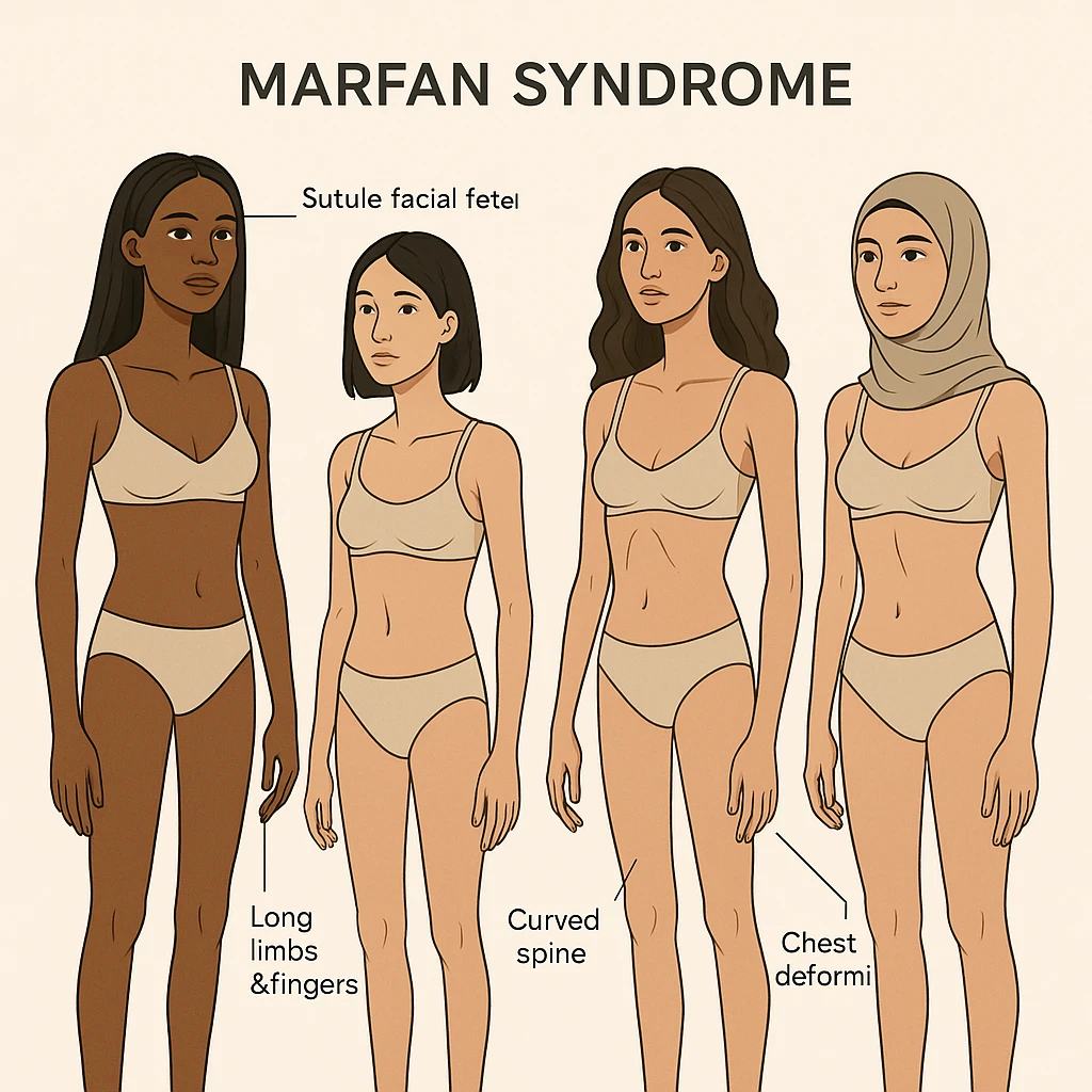 Create an educational scientific poster graphic highlighting Marfan syndrome in a diverse group of women including Black, Asian, Latina, and Middle Eastern ethnicities. Show tall, thin female figures with long limbs and fingers, curved spine, chest deformity, and subtle facial features. Include precise anatomical labels and a clean, professional layout suitable for a scientific poster. Maintain a clear and informative style with emphasis on anatomical accuracy and diversity. emoji