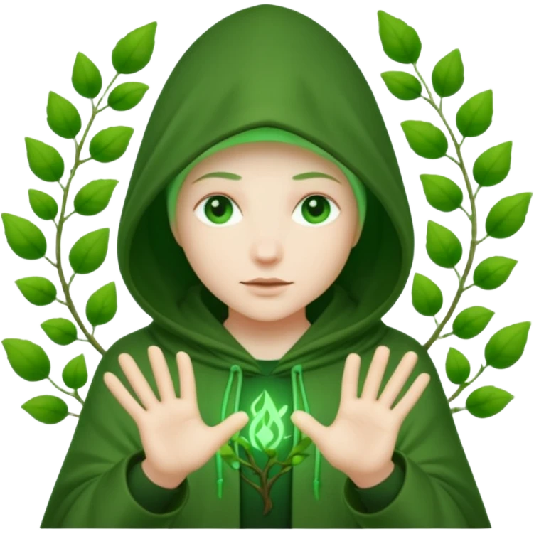 hooded figure with glowing green hands, surrounded by small trees, leaves, or vines emoji