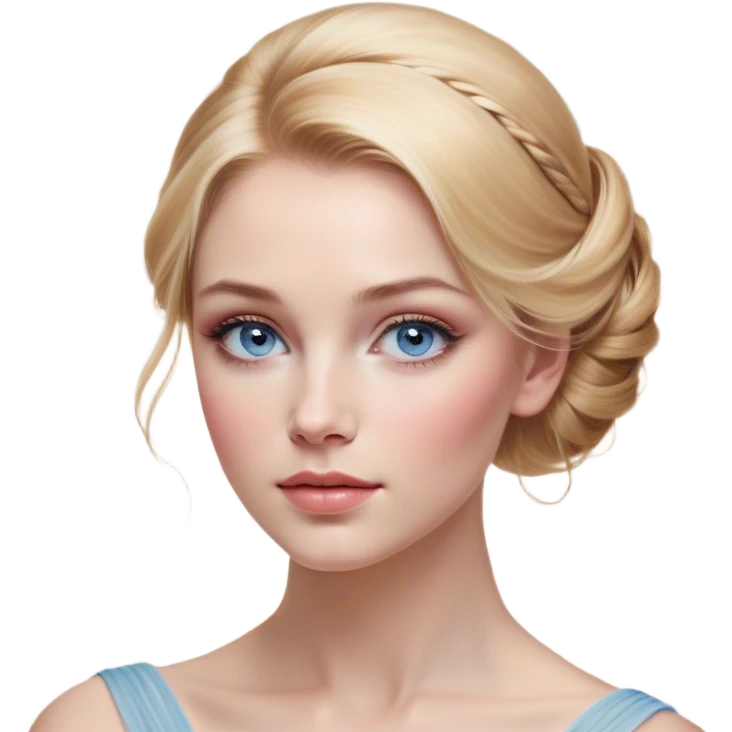 Cinematic Realistic Cinderella Portrait, depicted with lifelike skin texture, subtle rosy undertones, and soft natural lighting that enhances the gentle contours of her face. Her intricately detailed golden blonde hair is elegantly styled in an updo, with delicate wisps framing her face for added realism. Her deep, expressive blue eyes radiate warmth and sincerity, reflecting a quiet resilience and grace. She is dressed in her iconic ball gown, the fabric shimmering with intricate embroidery and fine translucent layers that catch the light beautifully. The soft sheen of satin gloves and the delicate sparkle of a glass-like slipper peeking from beneath her dress add a touch of magical realism. The portrait features an enchanting glow with a natural, luminous finish, seamlessly blending realism and fairytale charm to evoke a sense of depth, elegance, and timeless beauty. emoji