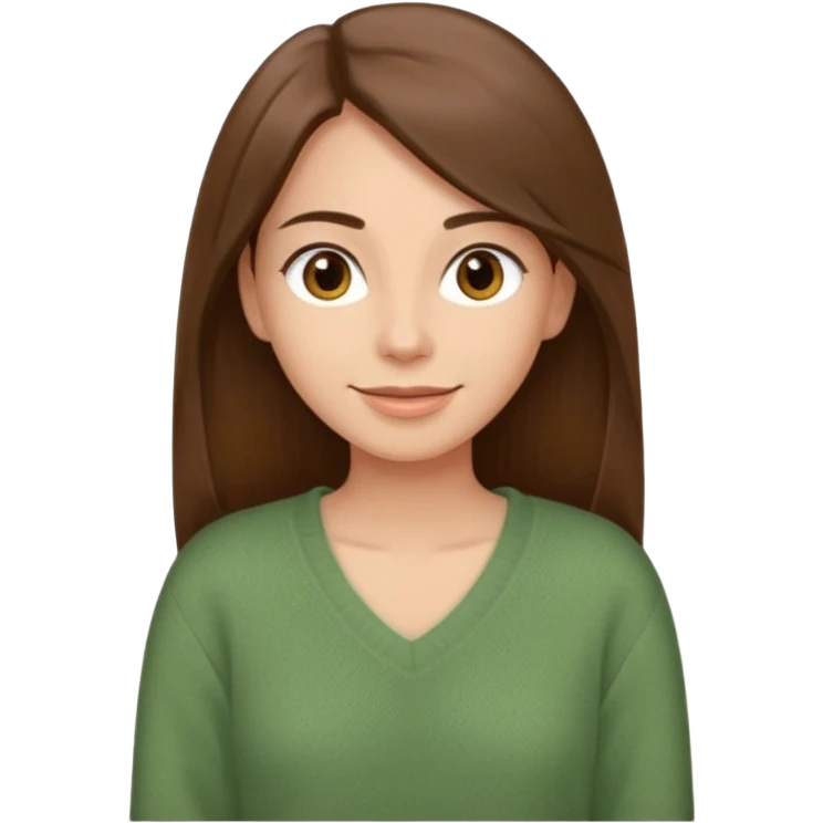Happy woman with a long straight brown hair, brown eyes in a sage green sweater with a V-neck emoji
