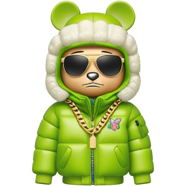 bearbrick toy with cubic head wearing a lime green balaclava with graffiti logos, oversized puffy jacket with fur hood trim, sleek single-piece visor sunglasses, gold chains around neck emoji