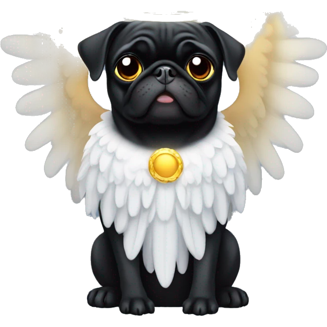 Black pug with angel wings and a halo emoji