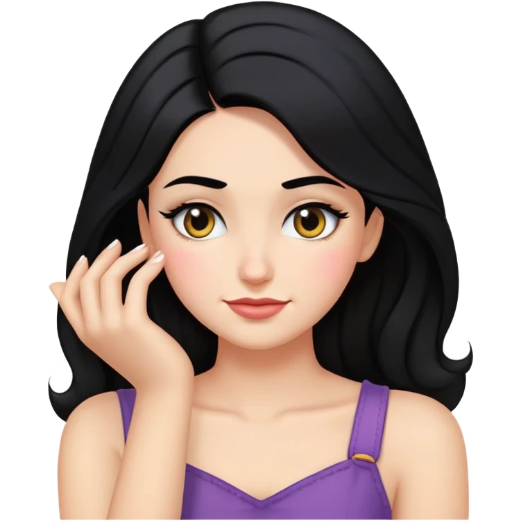 smirking face looking down with makeup, black hair, one hand in hair, very emoji-like emoji