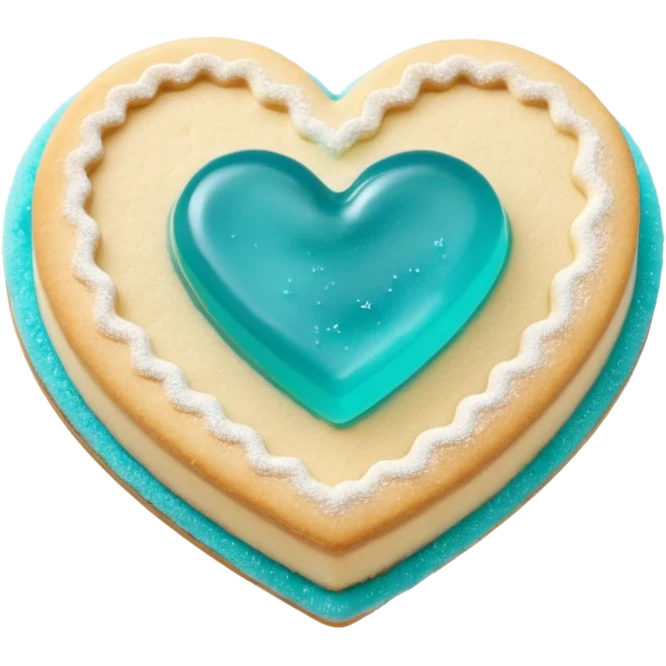 Realistic shortbread cookie in the shape of a heart with Tiffany blue color jelly middle filling and sprinkled powder sugar on top. emoji