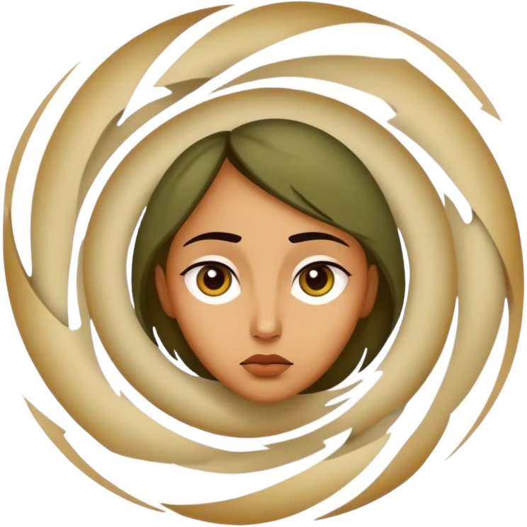 A stylized face with a pensive expression, surrounded by an abstract vortex representing doubt and the search for truth. emoji