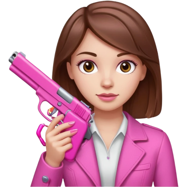 White Girl brown hair hand pink nails holding pink gun emoji