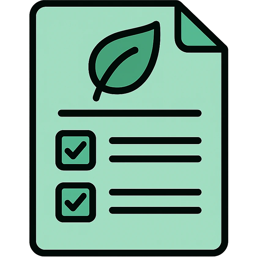 Skeuomorphic policy document icon with mint green #B5F4D3 and black #111111 color scheme, showing a document with environmental policy elements, clean symmetric design with subtle depth and soft light emoji