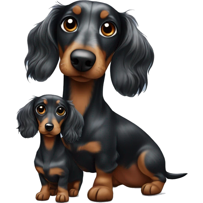 Long-haired black merle dachshund with small one  emoji