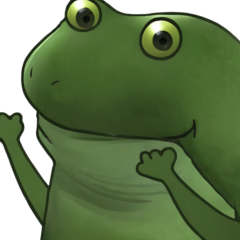 frog meme character doing a goofy dance, arms up, funny face emoji