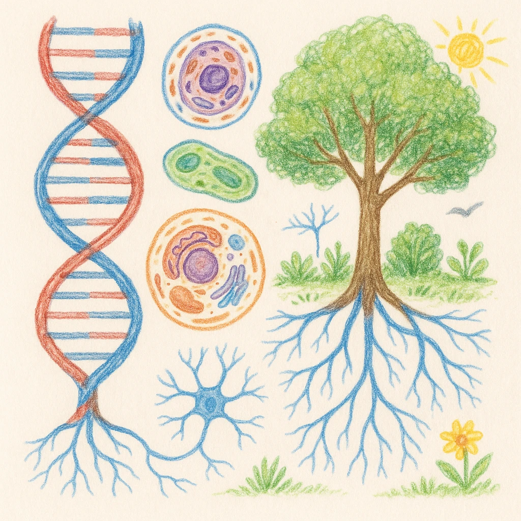 A realistic biological illustration (like in a school book) showing: DNA strands transitioning into a tree, cells with visible organelles, neurons connected to plant roots  and a balanced ecosystem background . Seamless integration, no labels or borders, white background, detailed but minimalist.  emoji