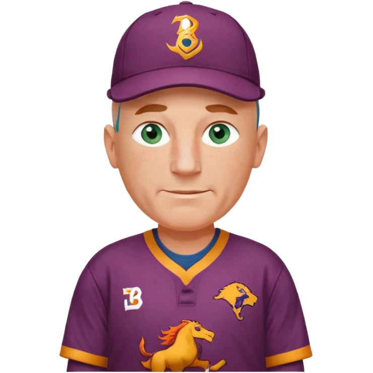young-ish 50 year old man dressed in a brisbane broncos jersey, bald head, fair freckled skin, happy face, blueish green eyes, wearing brisbane broncos baseball style cap, picture should be down to waist, hands on hips in a player stance emoji
