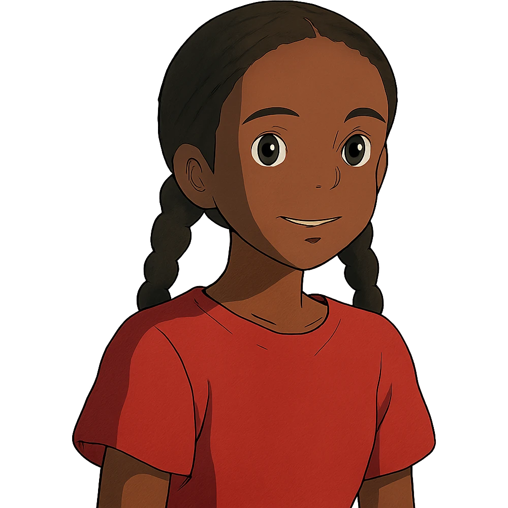 ghibli style dark skin girl with braids and red shirt emoji