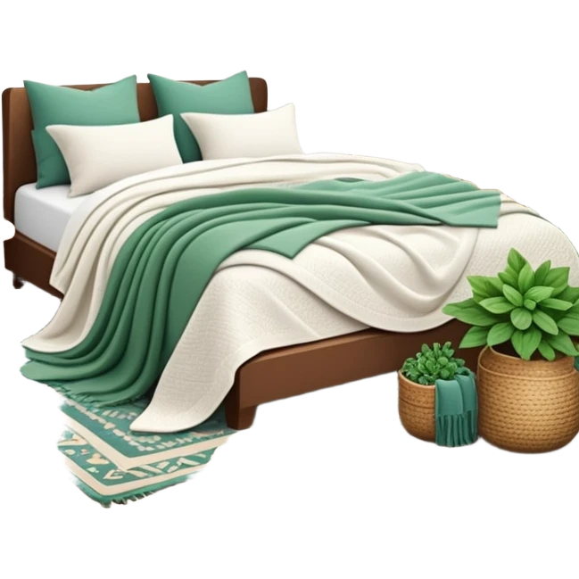 cozy modern boho bedroom with many houseplants, layered rugs, and piles of textured blankets and pillows emoji