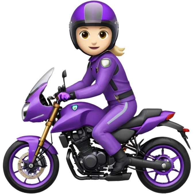 Créer un emoji avec une moto mt07 sport noir mate / violet iridescent très foncé, pare-brise de la moto violet. Avec une pilote dessus, visage complet caché  par la visière violette . Avec en arrière plan cercle violet. emoji
