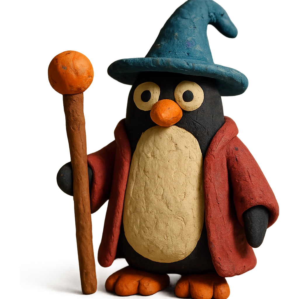 penguin wizard with a staff and textured robe emoji