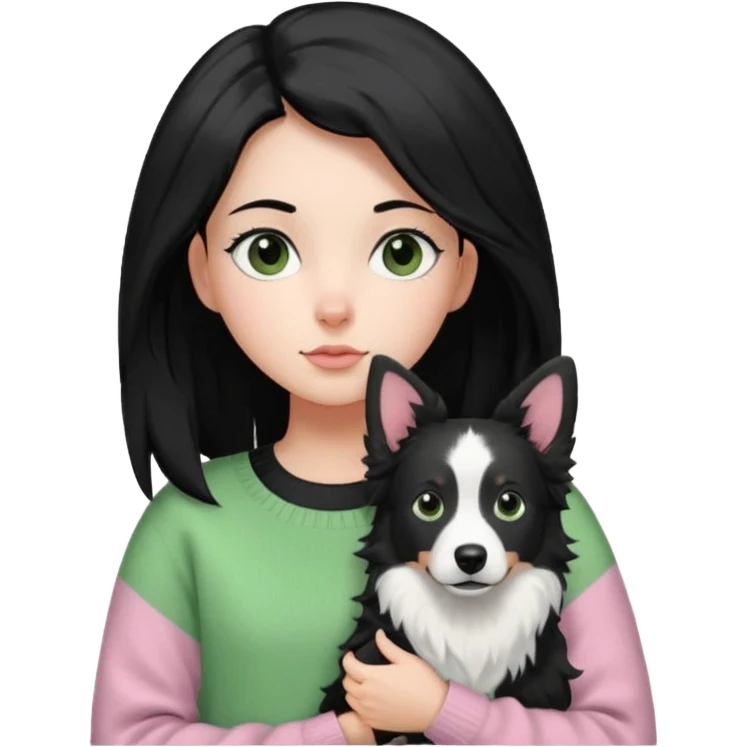 close-up of girl with side parted long black hair, wearing a light pink and green sweater, carrying a black and white border collie with perked ears emoji