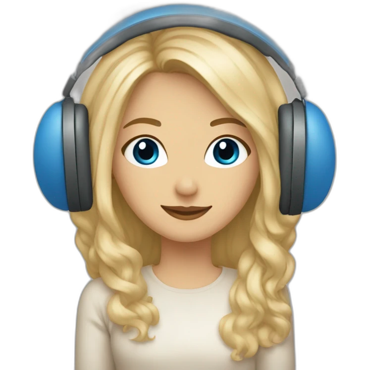 Femme yeux bleus, cheveux longs et blonds, avec un casque musique beige emoji