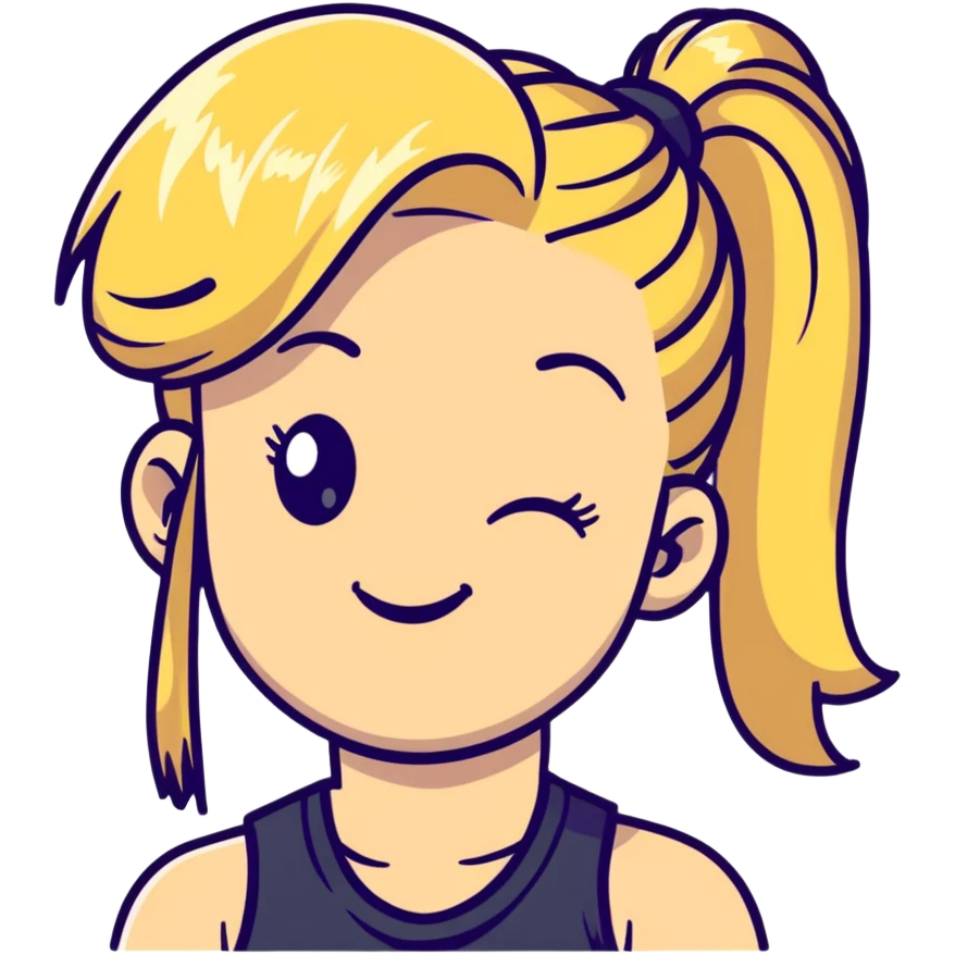 blonde girl with high pony tail hair, winking and making peace sign emoji