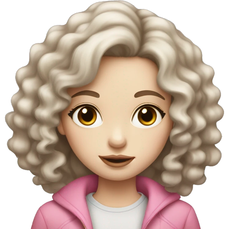 young girl with pale skin, gray eyes, long curly brown hair with pink lips emoji