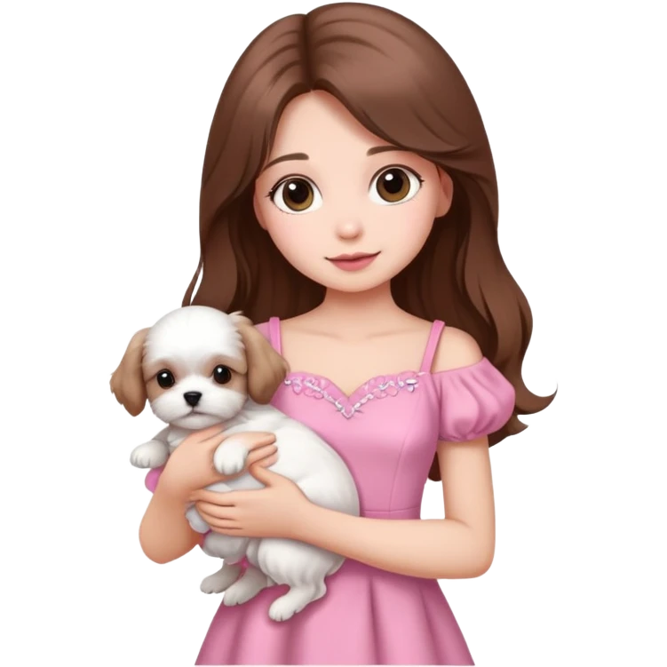 beautiful girl with long hair wearing pink dress holding a white Maltese puppy emoji