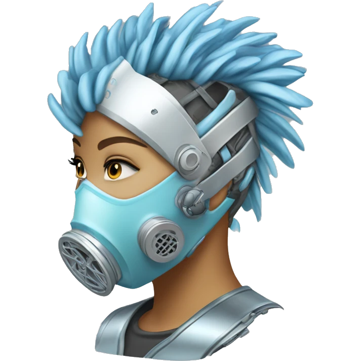 Light blue Mohawk female cyborg head with silver respirator mask and circuits emoji