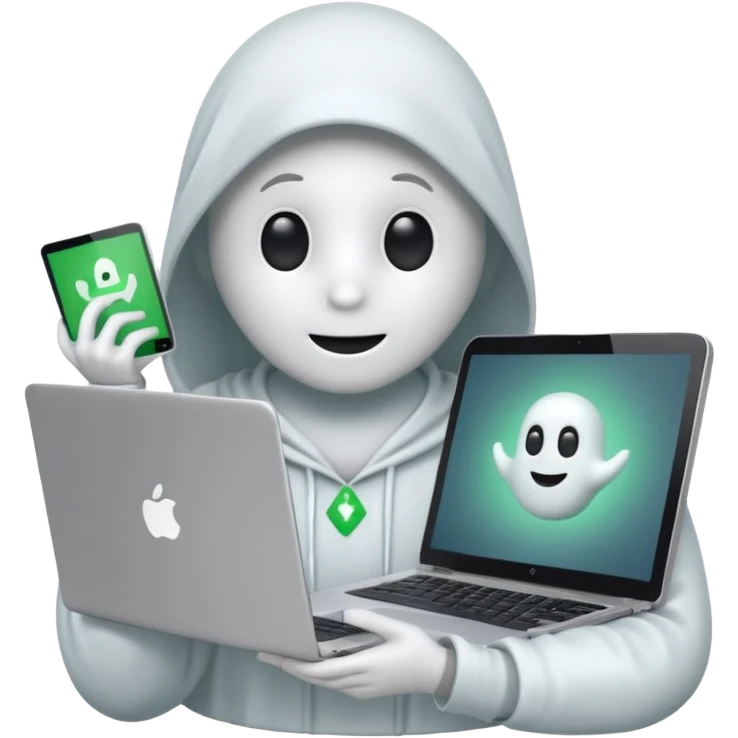 friendly and honest ghost IT specialist with laptop, subtle frontend hint with Vue.js and React.js logos emoji