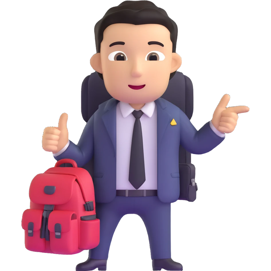 sherpa with a backpack pointing the way for a businessperson in a suit emoji
