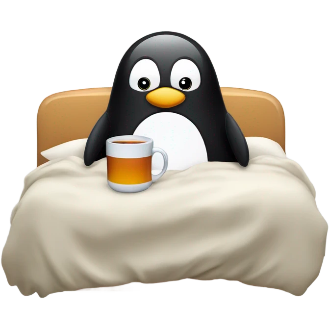 cozy penguin in bed with tea emoji
