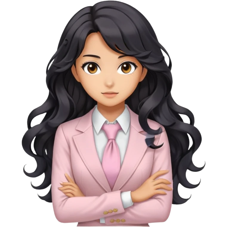 Pretty anime girl with flowing black wavy hair in a professional but feminine pastel outfit, confident boss lady pose emoji