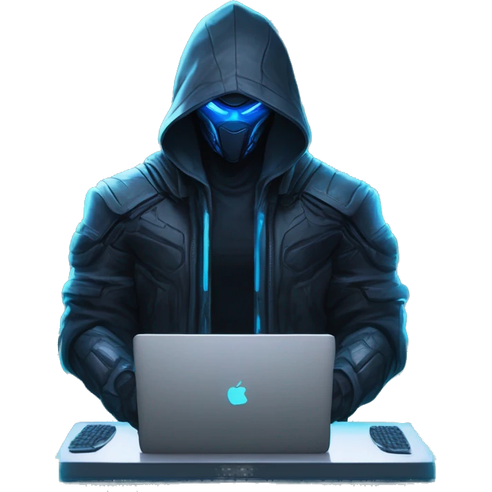 developer behind his laptop with this style : crysis Cyberpunk Riot Games Valorant neon glowing bright blue character blue black hooded assassin themed character emoji
