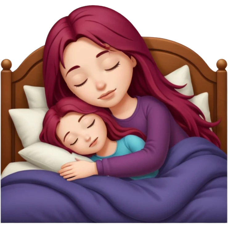 Beautiful long burgundy haired girl sleeping in big comfy bed emoji