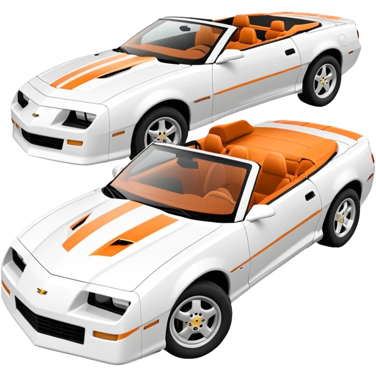 3rd generation 1992 convertible Camaro, white with orange hood and deck stripes, front angle emoji