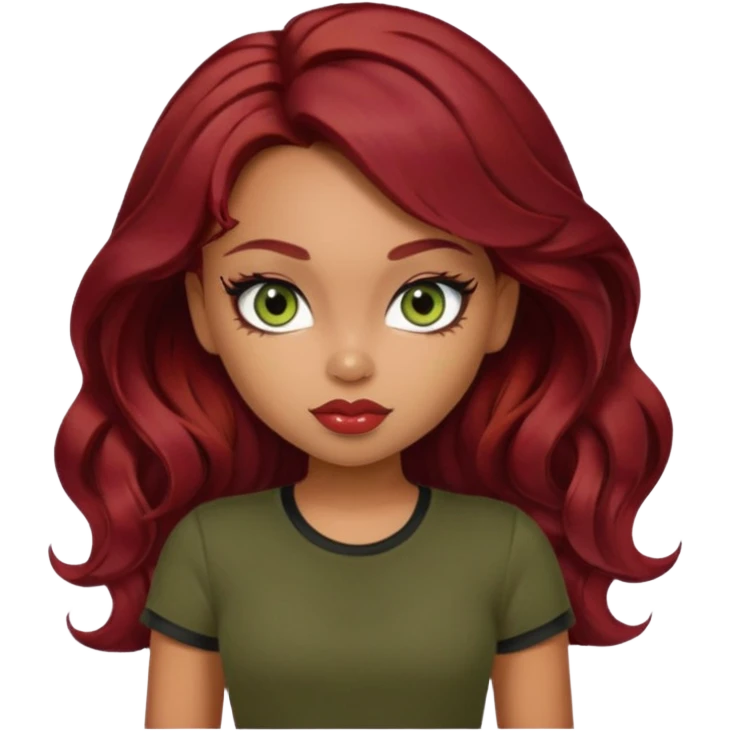 a pretty fair bratz girl with wavy dark red hair, wearing a black tee. eyeliner on, olive green eyes. Till Waist \ emoji