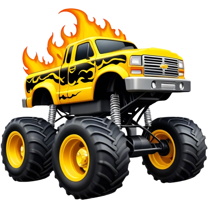 Maximum Destruction - Monster Jam (Model Year: 2021) (Iconic colour: Yellow with black flames) - A ferocious monster truck featuring a vivid yellow base accented by dramatic black flame patterns. Emphasize sharp, high-contrast flame streaks across the body, creating a look of aggressive, explosive energy. emoji