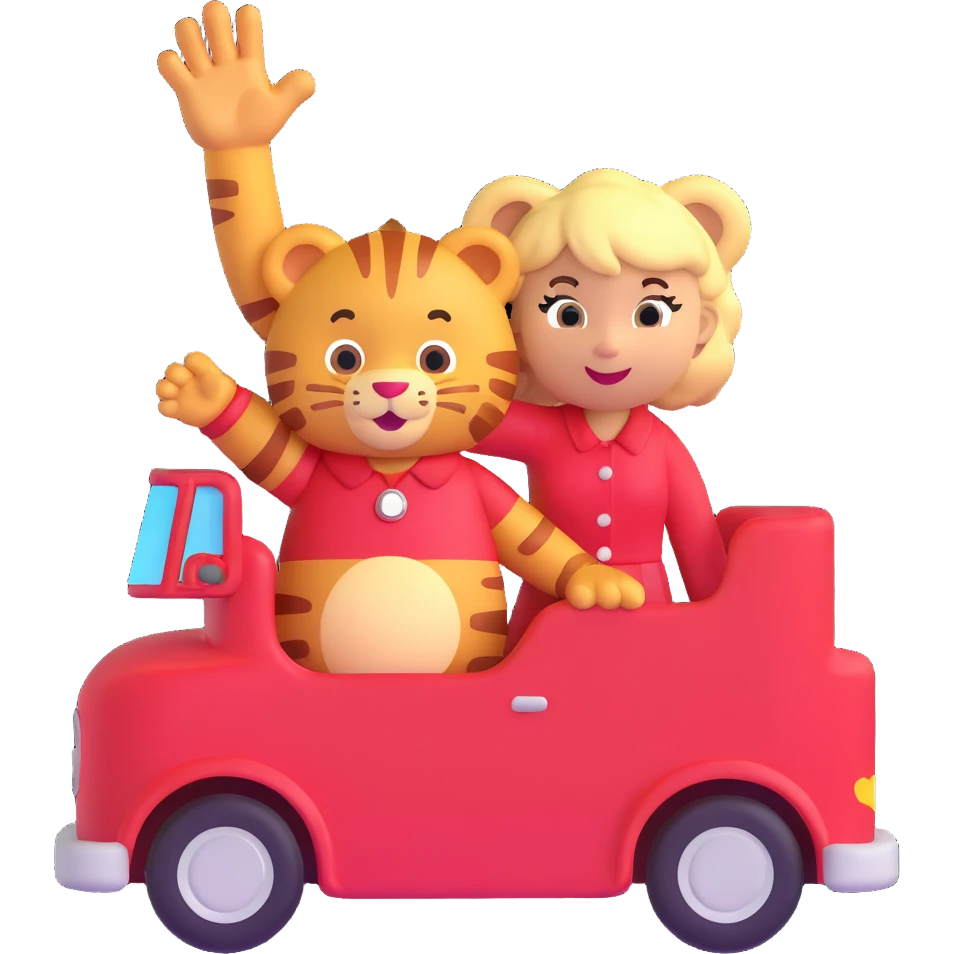 Daniel Tiger and Taylor Swift together, waving, colorful and playful, 3D emoji style emoji