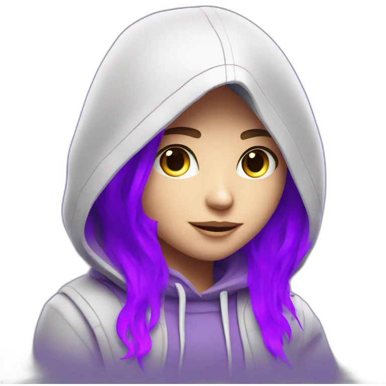  Girl artist behind his laptop with this style : Alan Walker Singer neon glowing bright purple character purple themed character emoji