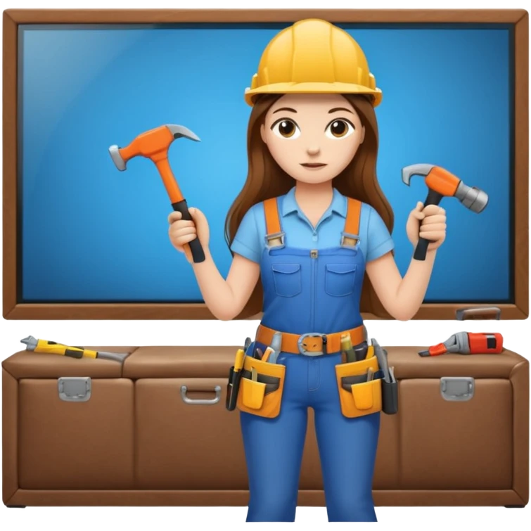 beautiful girl with long brown hair constructing new lounge room area with flat screen tv and couch emoji