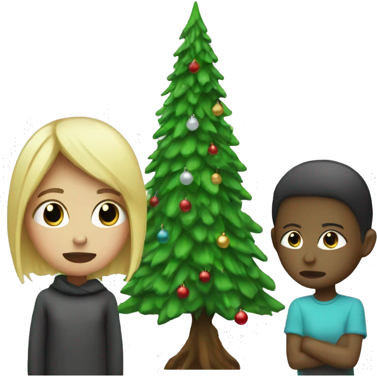 Blonde girl crying next to skinny Christmas tree emoji