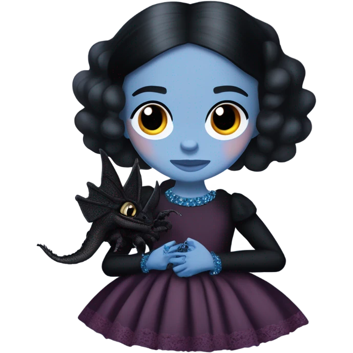 relaxed low-cut back silky black evening ball gown with lace gloves, Jenna Ortega as Wednesday Addams wearing a mini diamond tiara showing off blood blue cute horned dragon hand puppet emoji