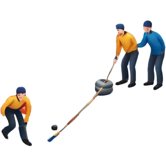 An icon showing a curling match on an indoor ice stadium, with a polished curling stone gliding toward the target and players sweeping. Spectators watch from stands, and flags hang above the rink. Transparent background highlights strategy and focus in the sport of curling. emoji
