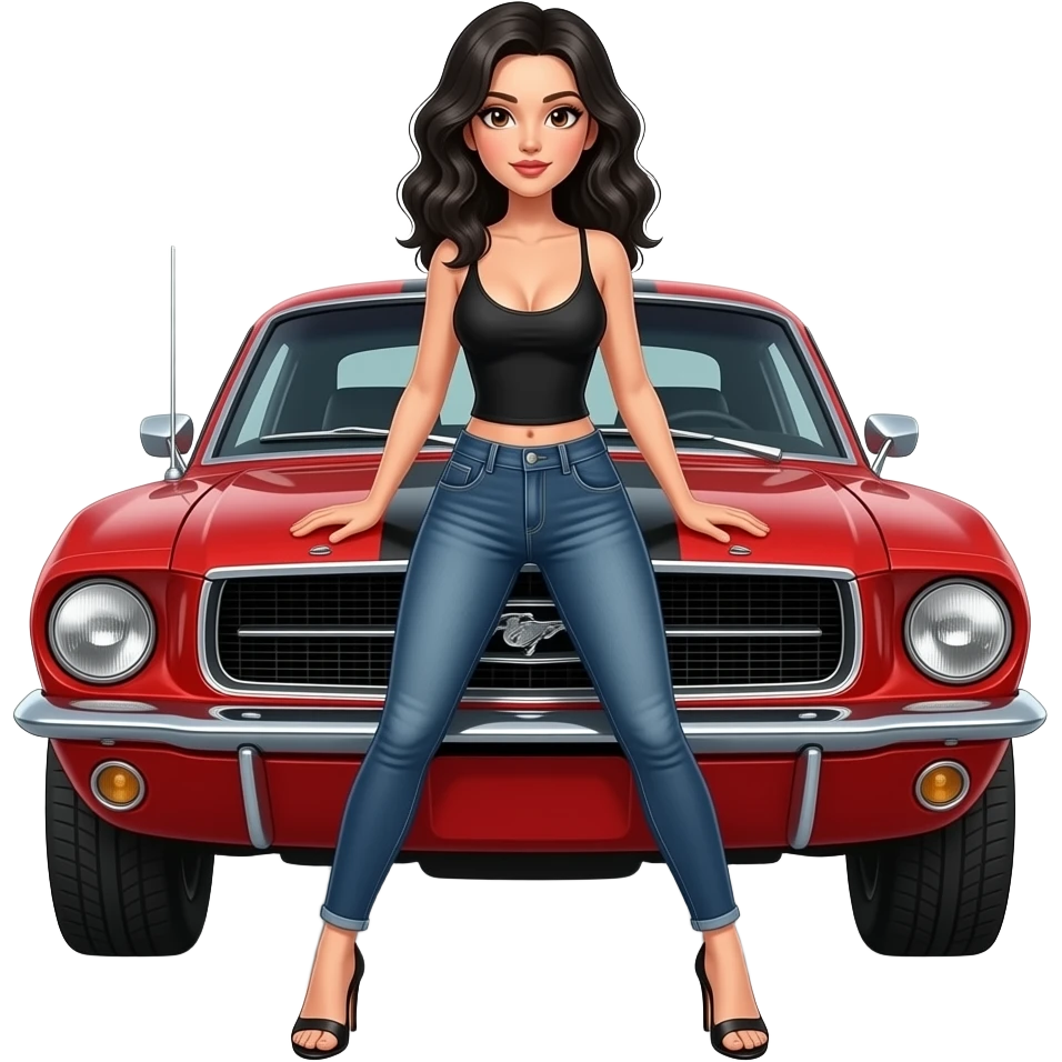 Pale girl with wavy jet black hair and brown eyes in front of a red ford mustang 1968 coupe. Girl wearing a sheer black sleeveless top, low rounded neckline, jeans and heels with visible toes. Legs spread and hands resting on the hood. emoji