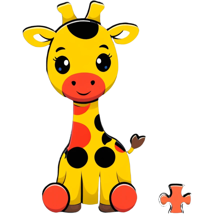 A cartoon wooden puzzle giraffe toy with a sweet face and visible puzzle pieces emoji