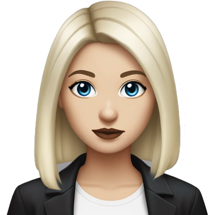 waist-length portrait, Slavic adult woman, goth eyes makeup, blue eyes, medium bob black-to-blonde ombre straight hair, white T-shirt and black office jacket. emoji