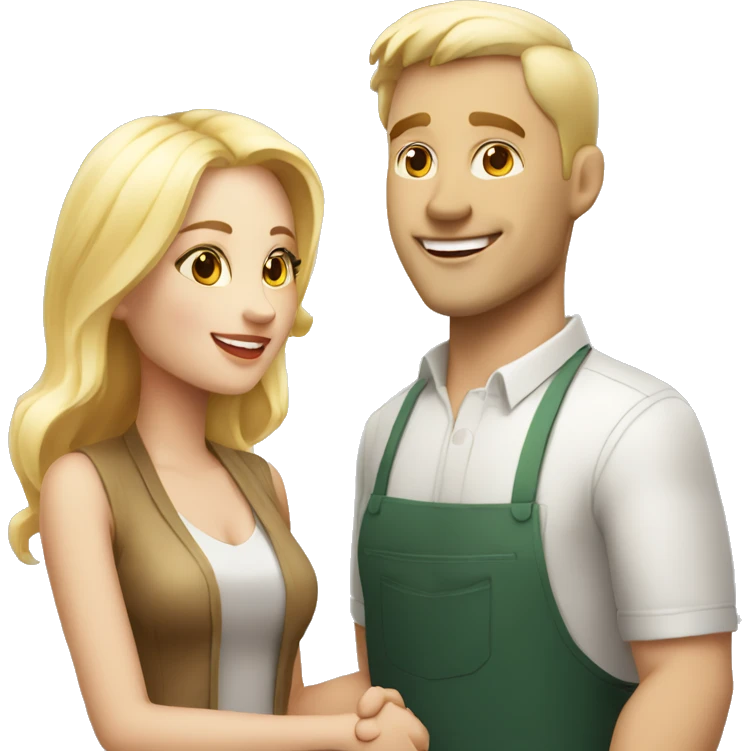 adult restaurant owner with white skin and blogger with white skin and blonde hair shaking hands in great detail and full height emoji