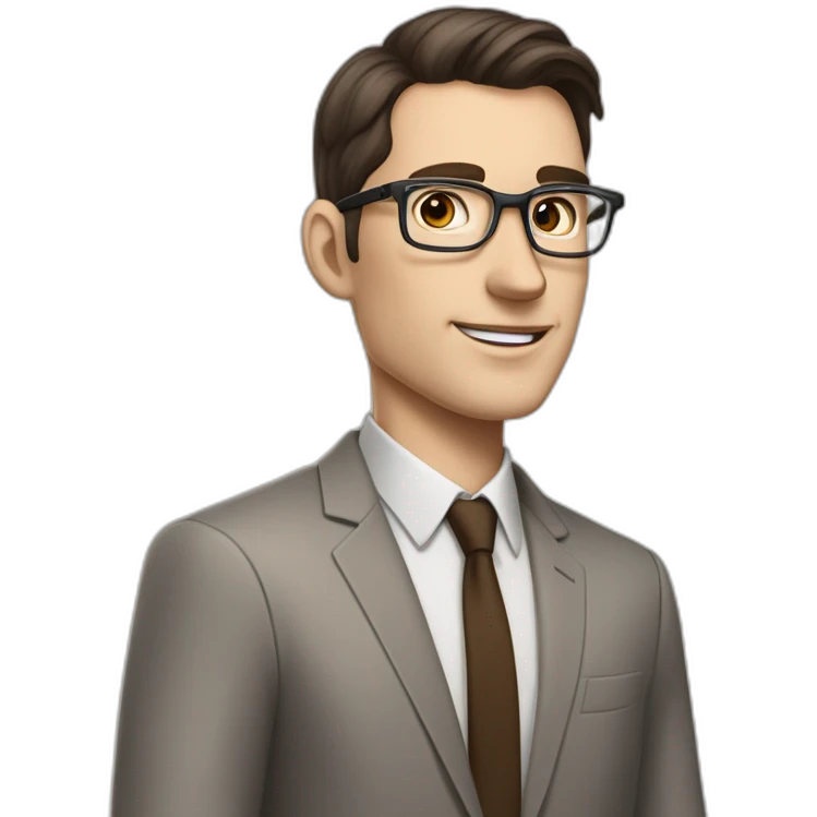 Pale skinned fit man with dark brown hair in gray jacket, beige office shirt, brown tie, brown pants and vintage glasses Writing text on a flipchart emoji